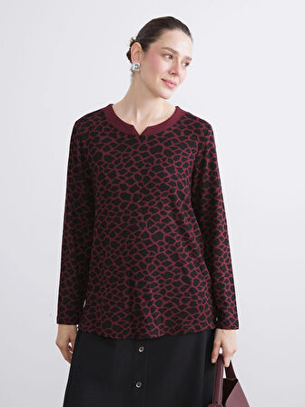 LCW Grace Bordo Bisiklet Yaka Leopar Desenli Kadın Tişört
