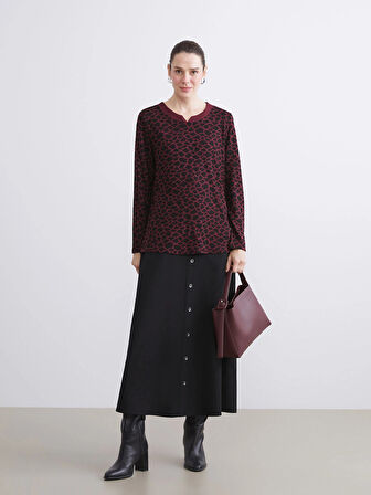 LCW Grace Bordo Bisiklet Yaka Leopar Desenli Kadın Tişört