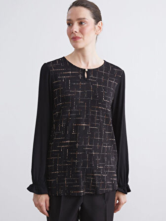 LCW Grace Siyah Bisiklet Yaka Desenli Bluz