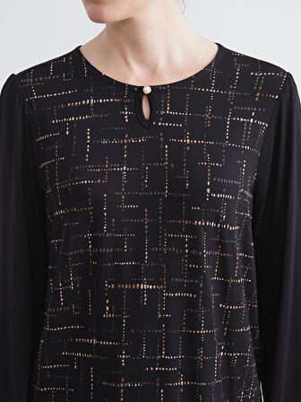 LCW Grace Siyah Bisiklet Yaka Desenli Bluz