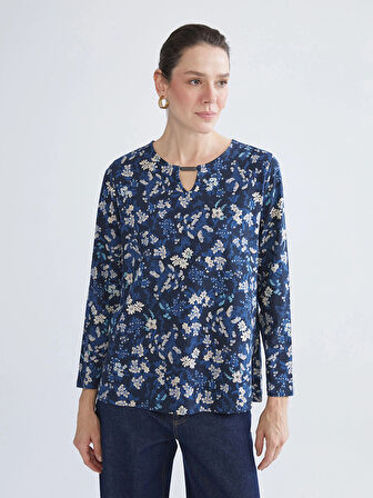 LCW Grace Lacivert Bisiklet Yaka Çiçekli Bluz
