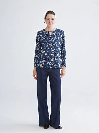 LCW Grace Lacivert Bisiklet Yaka Çiçekli Bluz