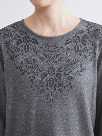 LCW Grace Antrasit Bisiklet Yaka Çiçek Nakışlı Bluz