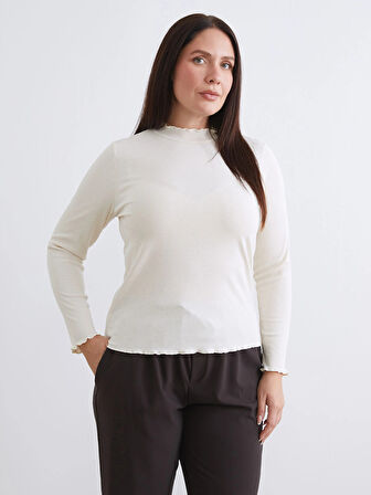 LCW Modest Ekru Fırfırlı Dik Yaka Kadın Body