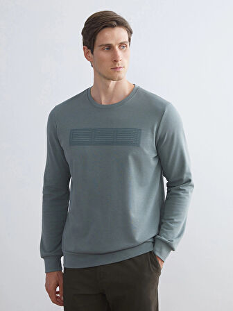 LCWAIKIKI Classic Yeşil Bisiklet Yaka Uzun Kollu Baskılı Erkek Sweatshirt