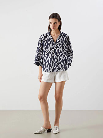 LCW Vision Lacivert Desenli Oversize Kadın Gömlek