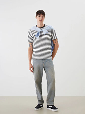 XSIDE Siyah Bisiklet Yaka Çizgili Penye Erkek Tişört