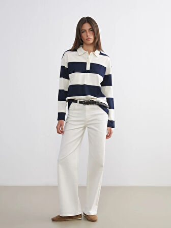 LCW Vision Karışık Polo Yaka Çizgili Kadın Tişört