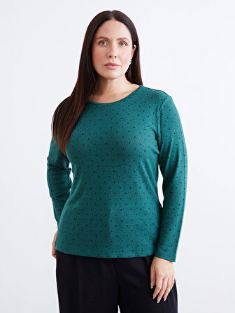 LCWAIKIKI Basic Yeşil Bisiklet Yaka Puantiyeli Kadın Body