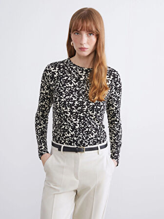 LCWAIKIKI Basic Siyah Bisiklet Yaka Desenli Bluz