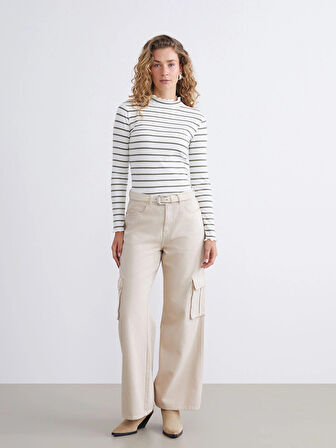 LCW Modest Yeşil Fırfırlı Dik Yaka Çizgili Kadın Body