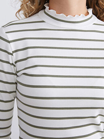 LCW Modest Yeşil Fırfırlı Dik Yaka Çizgili Kadın Body