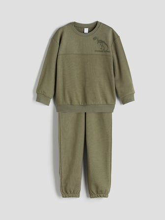 LCW Kids Haki Bisiklet Yaka Dinozor Baskılı Erkek Çocuk Sweatshirt ve Eşofman Altı 2'li Takım