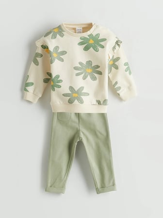LCW baby Ekru Çiçekli Kız Bebek Sweatshirt Ve Pantolon 2'li Takım