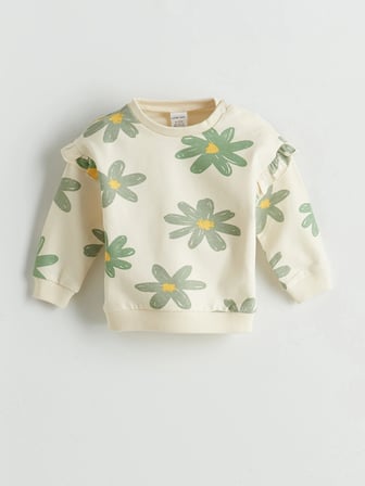 LCW baby Ekru Çiçekli Kız Bebek Sweatshirt Ve Pantolon 2'li Takım