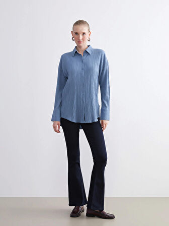 LCWAIKIKI Classic Mavi Dokulu Oversize Kadın Gömlek