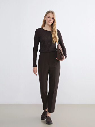 LCWAIKIKI Basic Kahverengi Bisiklet Yaka Taşlı Kadın Tişört