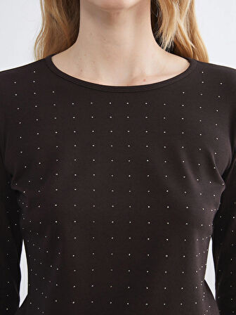 LCWAIKIKI Basic Kahverengi Bisiklet Yaka Taşlı Kadın Tişört