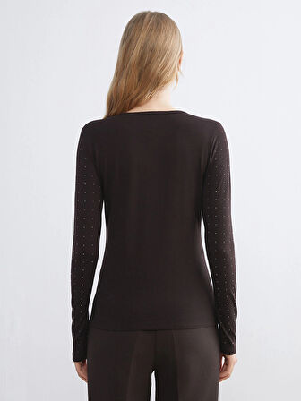 LCWAIKIKI Basic Kahverengi Bisiklet Yaka Taşlı Kadın Tişört