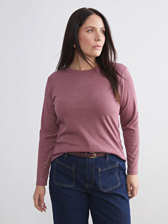 LCWAIKIKI Basic Pembe Bisiklet Yaka Parlak Görünümlü Kadın Tişört