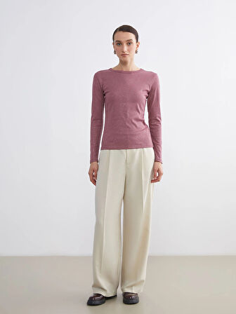 LCWAIKIKI Basic Pembe Bisiklet Yaka Parlak Görünümlü Kadın Tişört