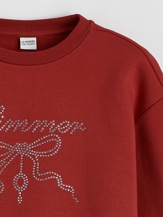 LCW Kids Kırmızı Bisiklet Yaka Taşlı Kız Çocuk Kalın Sweatshirt