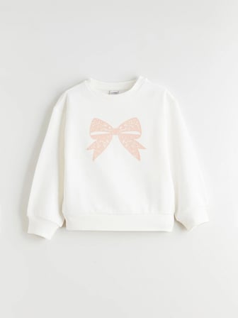 LCW Kids Ekru Bisiklet Yaka Fiyonk Baskılı Kız Çocuk Sweatshirt