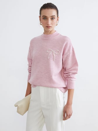 LCW Comfort Pembe Dik Yaka Boncuk İşlemeli Kadın Triko Kazak