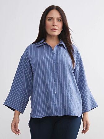 LCWAIKIKI Classic İndigo Çizgili Oversize Kadın Gömlek