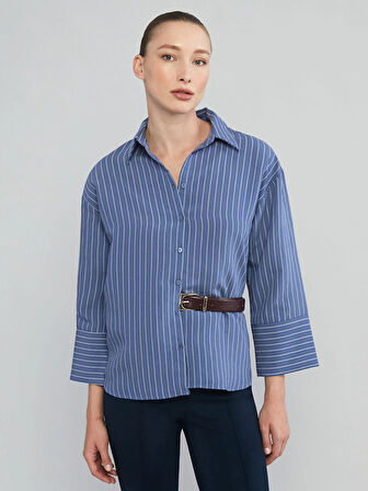 LCWAIKIKI Classic İndigo Çizgili Oversize Kadın Gömlek