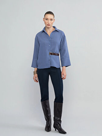 LCWAIKIKI Classic İndigo Çizgili Oversize Kadın Gömlek