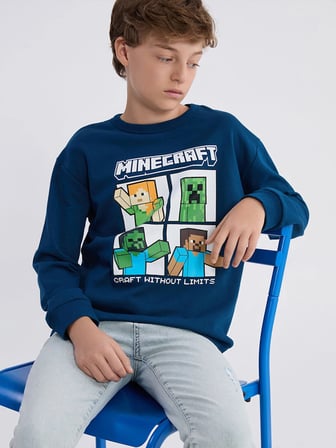 LCW Kids Petrol Bisiklet Yaka Minecraft Baskılı Erkek Çocuk Sweatshirt