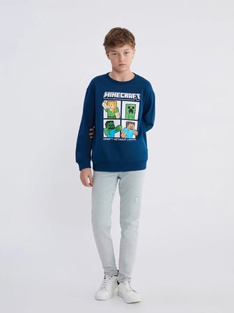 LCW Kids Petrol Bisiklet Yaka Minecraft Baskılı Erkek Çocuk Sweatshirt