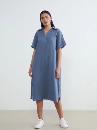 LCW EVERYDAY Mavi Gömlek Yaka Dokulu Oversize Müslin Elbise