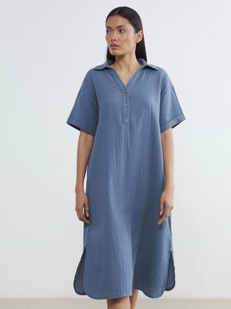 LCW EVERYDAY Mavi Gömlek Yaka Dokulu Oversize Müslin Elbise