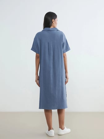 LCW EVERYDAY Mavi Gömlek Yaka Dokulu Oversize Müslin Elbise