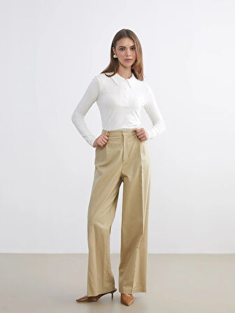 LCW Modest Ekru Polo Yaka Fitilli Kadın Tişört