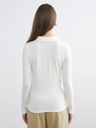 LCW Modest Ekru Polo Yaka Fitilli Kadın Tişört