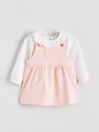 LCW baby Pembe Çiçekli Kız Bebek Salopet Elbise ve Tişört