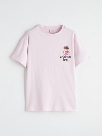 LCW Kids Pembe Bisiklet Yaka Baskılı Kız Çocuk Tişört