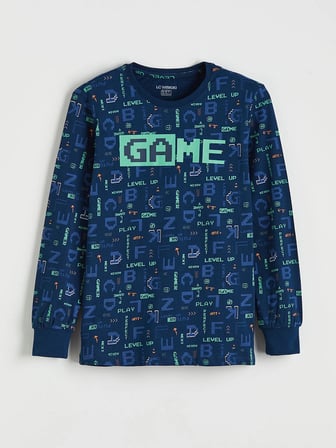 LCW Kids Lacivert Baskılı Bisiklet Yaka Erkek Çocuk Pijama Takımı