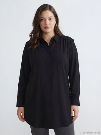LCW Modest Siyah Büzgülü Oversize Kadın Gömlek Tunik
