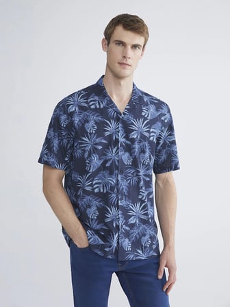 SOUTHBLUE Lacivert Regular Fit Resort Yaka Kısa Kollu Desenli Poplin Erkek Gömlek
