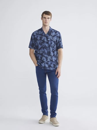 SOUTHBLUE Lacivert Regular Fit Resort Yaka Kısa Kollu Desenli Poplin Erkek Gömlek