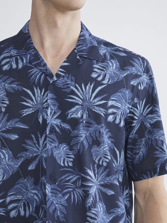 SOUTHBLUE Lacivert Regular Fit Resort Yaka Kısa Kollu Desenli Poplin Erkek Gömlek