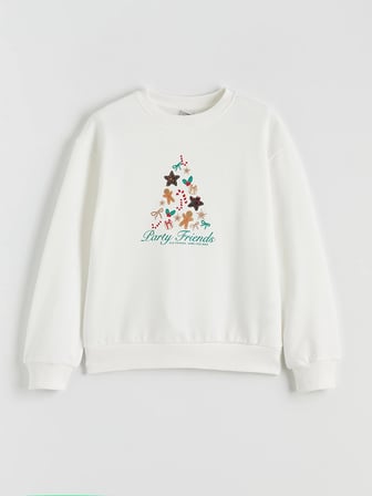 LCW Kids Ekru Yılbaşı Temalı Kız Çocuk Kalın Sweatshirt