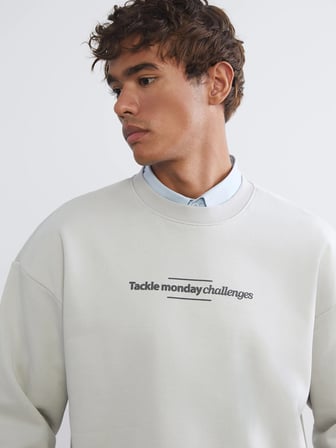 XSIDE Gri Bisiklet Yaka Baskılı Erkek Kalın Sweatshirt