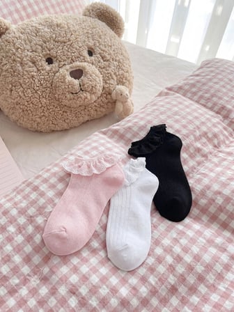 LCW Kids Pembe Dantel Detaylı Kız Çocuk Patik Çorap 3'lü