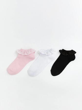 LCW Kids Pembe Dantel Detaylı Kız Çocuk Patik Çorap 3'lü
