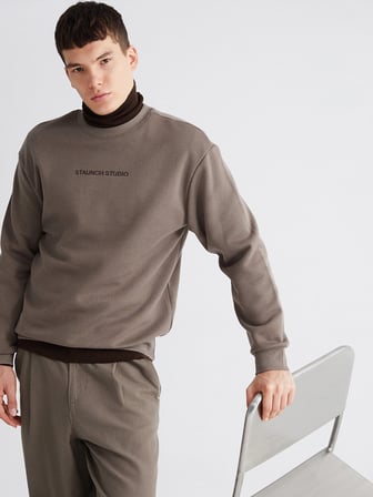 XSIDE Kahverengi Bisiklet Yaka Nakışlı Erkek Kalın Sweatshirt